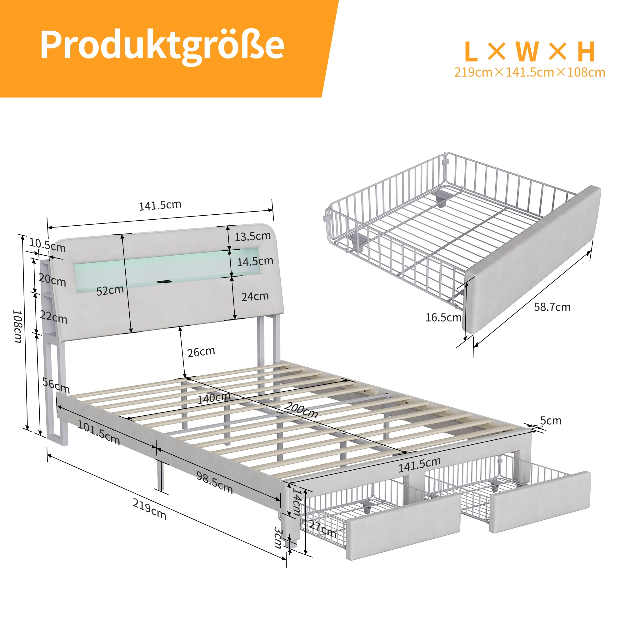 Anajqaqia 140/160x200cm Polsterbett mit 2 Schubladen & LED-Beleuchtung, Doppelbett, Kopfteil 2-seitig mit Stauraum, Samt – Detail 1