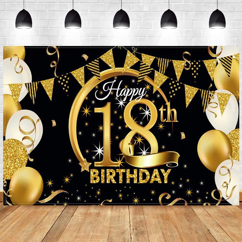

18th Birthday Photo Shoot Backdrop Large Fabric Black Gold 18 Years Old Girl Boy Party Decorations Banner Photography Background