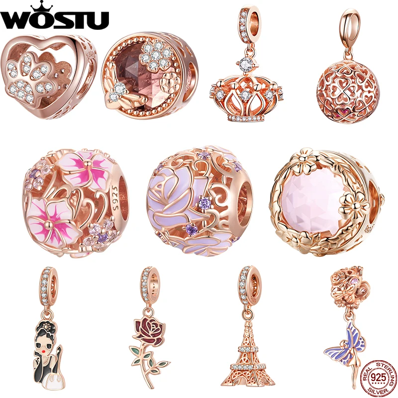 

WOSTU 925 Sterling Silver Rose Gold Flower Charms Hepburn Tower Heart Beads Fit Bracelet & Necklace DIY Jewelry Making for Women