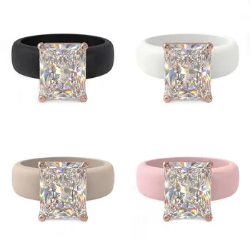 Anello in Silicone da Donna con Grande Pietra Rettangolare in Zirconia Cubica, Montatura a Griffe in Oro Rosa, Comodo Anello Sportivo da Matrimonio, Gioiello Anallergico