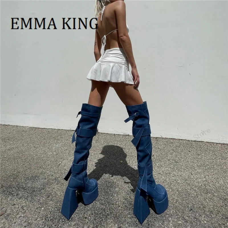 

2022 Autumn Women Over-the-knee Denim Boots Female Chunky High Heels Platform Patchwork Boots Square Toe Woman Thigh High Boots
