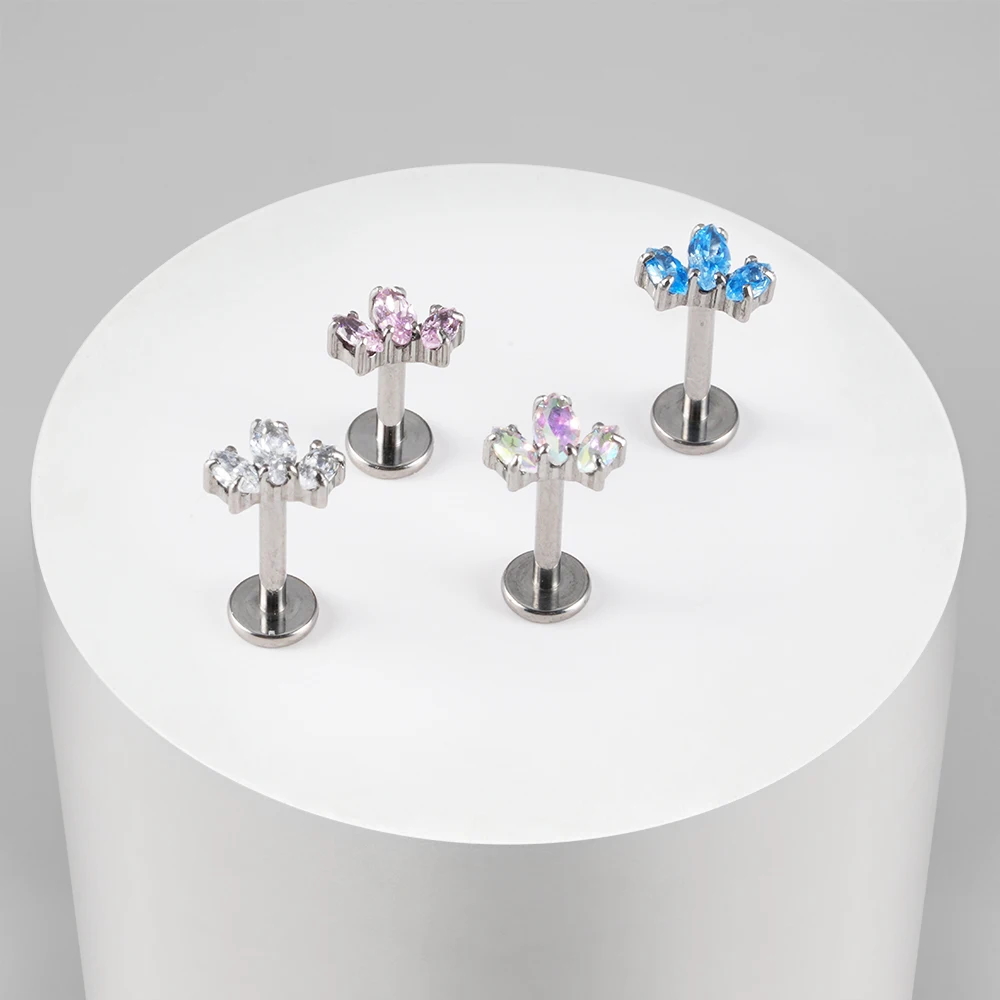 Right Grand ASTM F136 티타늄 트리플 후작 CZ Labret 플랫 백 립, Tragus Daith 헬릭스 이어 연골 스터드 귀걸이 피어싱