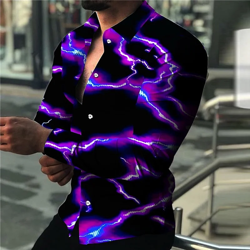 Men's Shirt Lightning Shrink Black Purple Ruby Navy Blue Long Sleeve Outdoor Street Top Fashion Design Breathable Summer Spring
