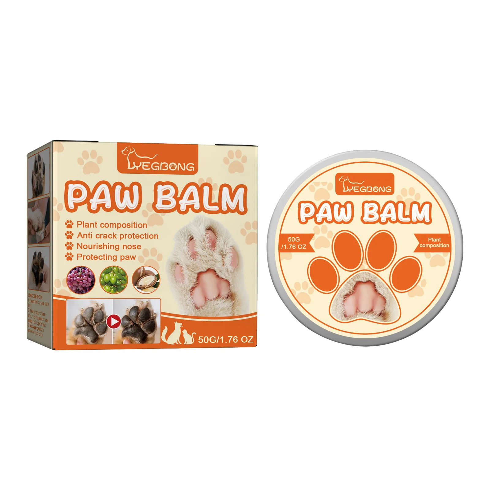 Yegbong 50g Pet Paw Moisturizing Care Balm Dog Cat Soothing Dry Cracked Protect Nourishing Paw Protection Relief Pet Paw Balm 5