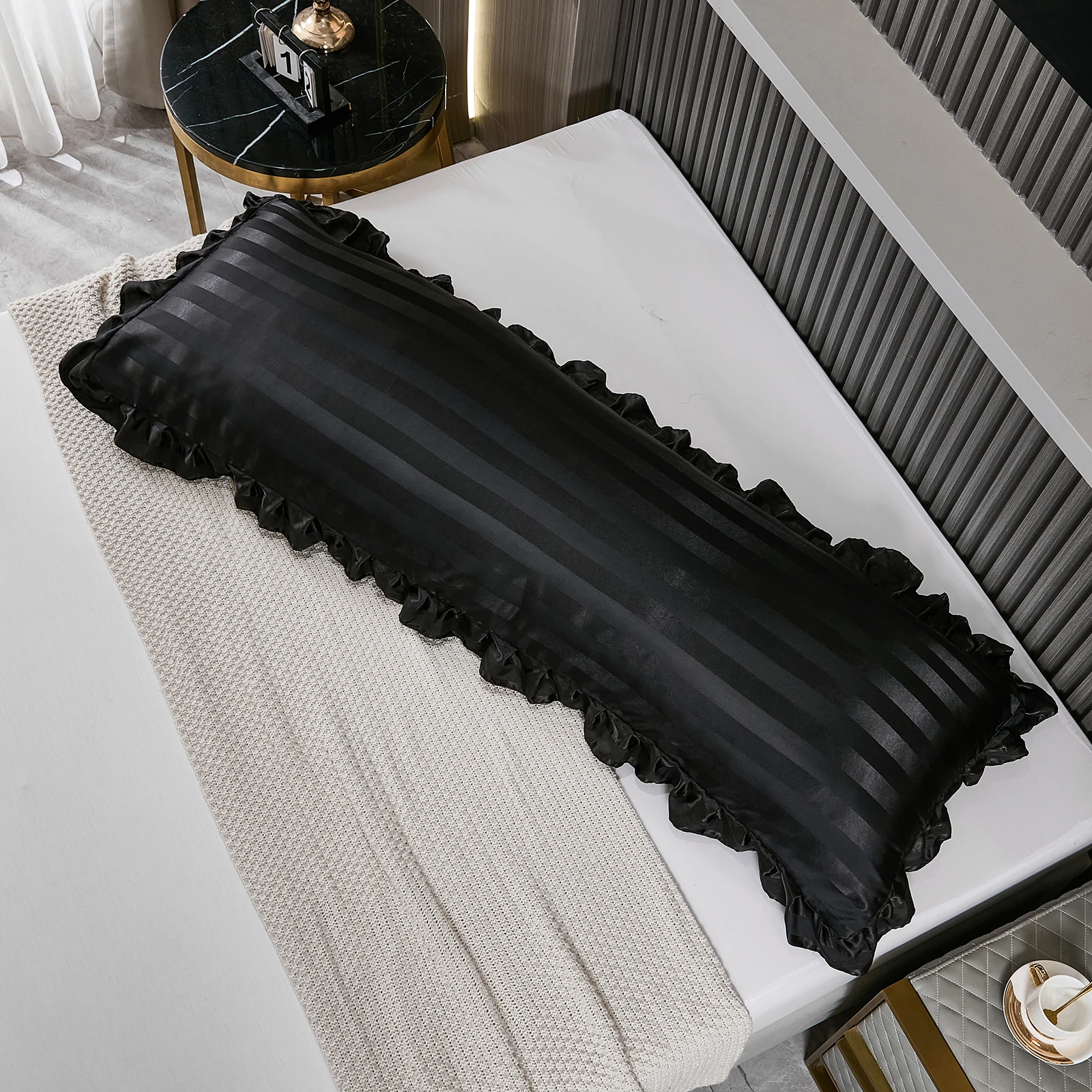 1pc White And Black And Grey Polyester Satin Strip Flounce Side Body Pillowcase Soft For Sofa Decorative Bed Pillowcase 5