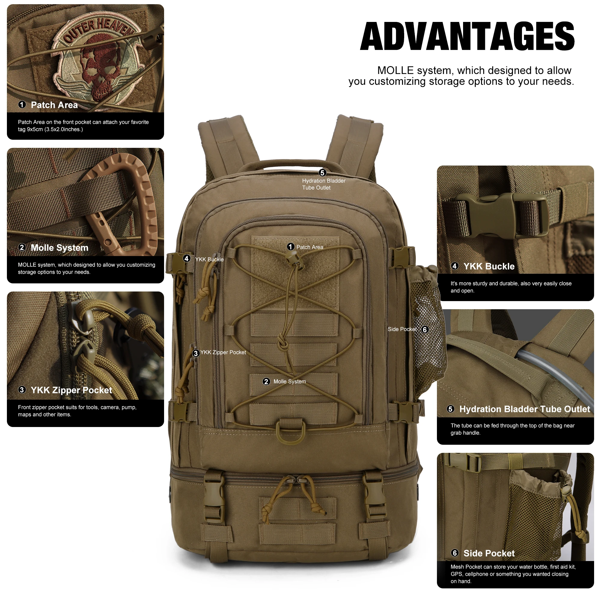 Mardingtop 28L Tactical Backpack 600D Polyester with YKK Zippers and Buckles for Motorcycle Camping Hiking Traveling