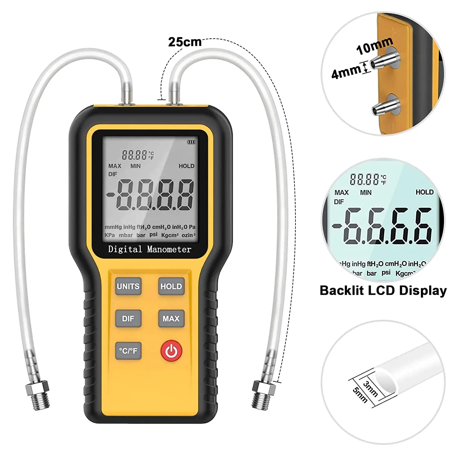 Digital Manometer Dual Port Input Air Pressure Meter HVAC Gas Pressure  Tester