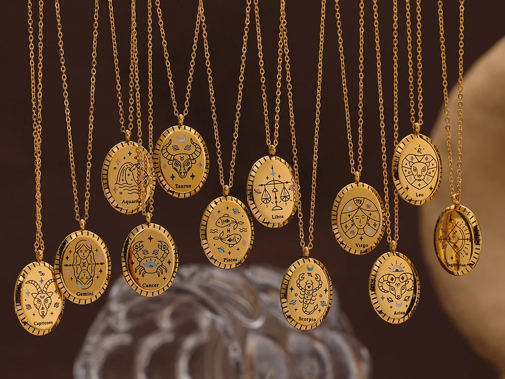 Vintage Oval Micaela Zodiac Necklace 12 Constellation Pendants Necklaces For Women Goth Jewelry Gift