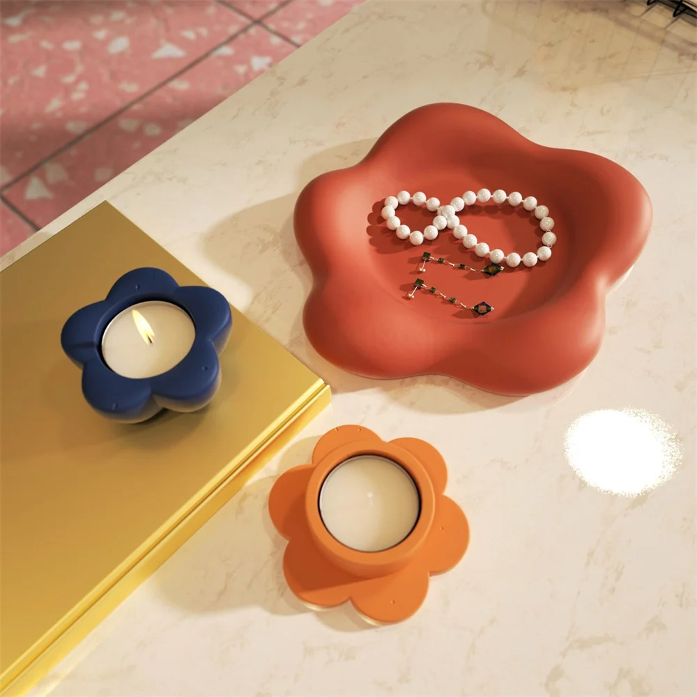 

Cute Flower Candle Holder Silicone Molds for Cement Candlestick Holder Concrete Mould Jewelry Storag Tray Mould Home Decoration