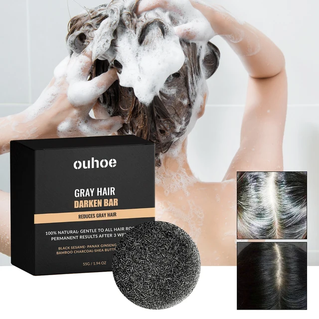 Ouhoe 55g Haarverdunkelungs-Shampoo-Seifenabdeckung, grau-weiße Farbe bis schwarz, dichtes Haar-Shampoo, stärkt die Wurzeln, schwarze Haarfärbeseife