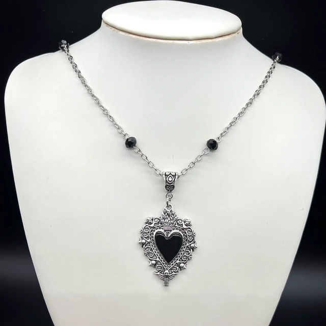Sacred Corazon Gothic Skull Necklacel Mexican Heart, Enameled