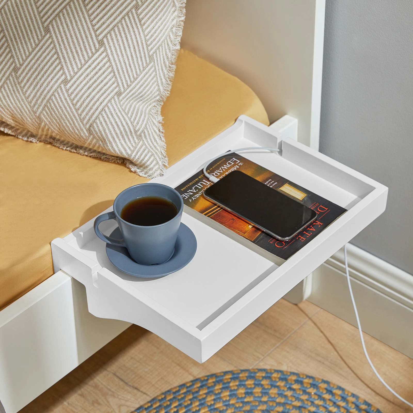 SoBuy NKD01 bed tray with cable bedside table shelf for mobile phone remote control bamboo clamps