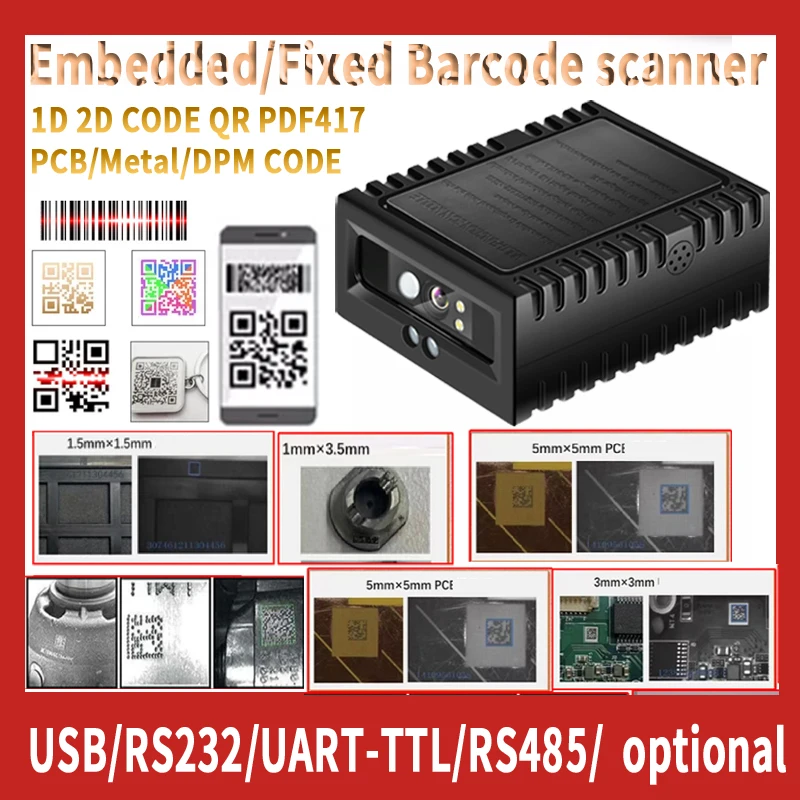 Embedded Vonalkód Vizsgáló Modul Vonalkód Óraadó kód Meredt Lovag  QR kód Mozgató Modul 1D/2D/DPM kód USB/TTL UART/RS232/RS485