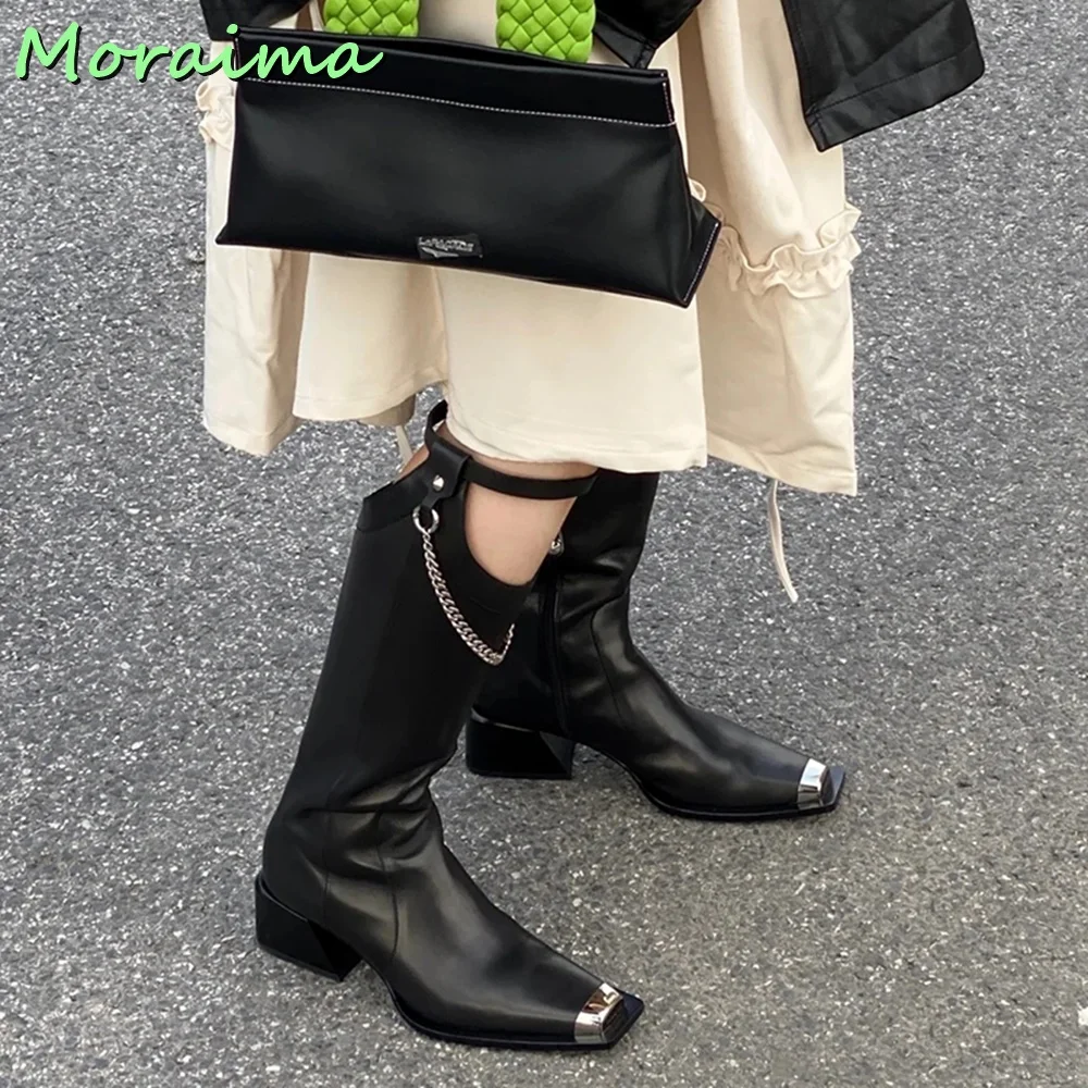 Metal Square Toe Chain Knee-High Boots Belt Buckle Leather Chunky Block Heel Side Zipper Black Solid Women Shoes Fashion Newest
