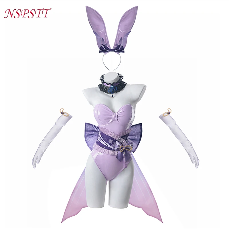 

NSPSTT Genshin Impact Kokomi Cosplay Costume Sangonomiya Kokomi Doujin Women Sexy Bunny Jumpsuit Purple Leather Dress Suit