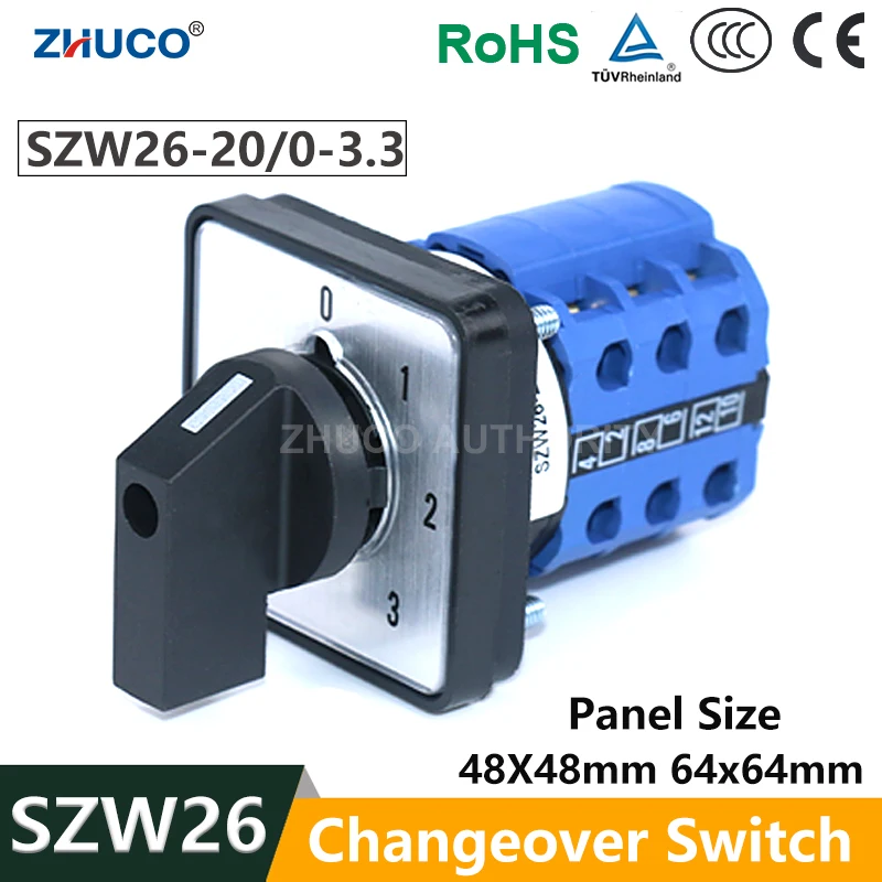 ZHUCO SZW26/LW26-20 Ui 660 V 0-1-2-3 3-Phasen-Umschalter 4-Positionen-Wahlschalter 64 x 64 48 x 48 mm Nockenschalter für Schalttafelmontage