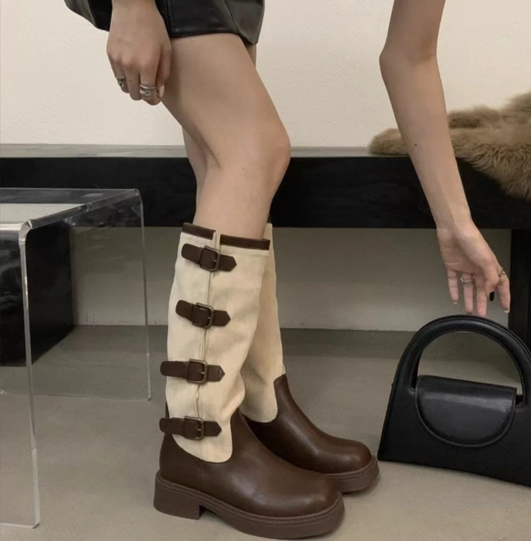 

2023 Retro Color Matching Western Cowboy Boots Women's Autumn Thick Heel Fashion Knee High Botas Free Shipping Promotion