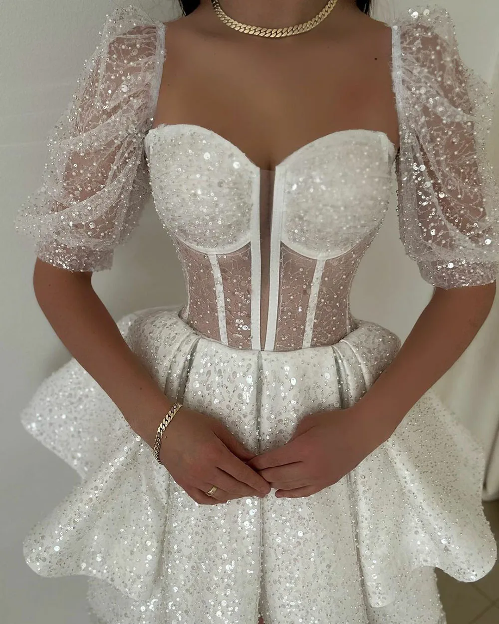 SoDoigne Shiny A Line Mini Wedding Dresses Sweetheart Short Sleeves Boning Corset Evening Party Dresses Bride Dress for Women 3