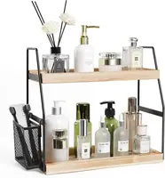 2-tier wooden countertop organizer – with basket, for bathroom/kitchen 1