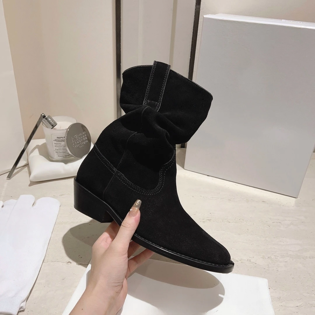 

Newest Tabi Split Toe Mid-Calf Boots Pointy Toe Chunky Heel Boots Pleated Runway Party Shoes for Women 2023 Autumn Fashion Retro
