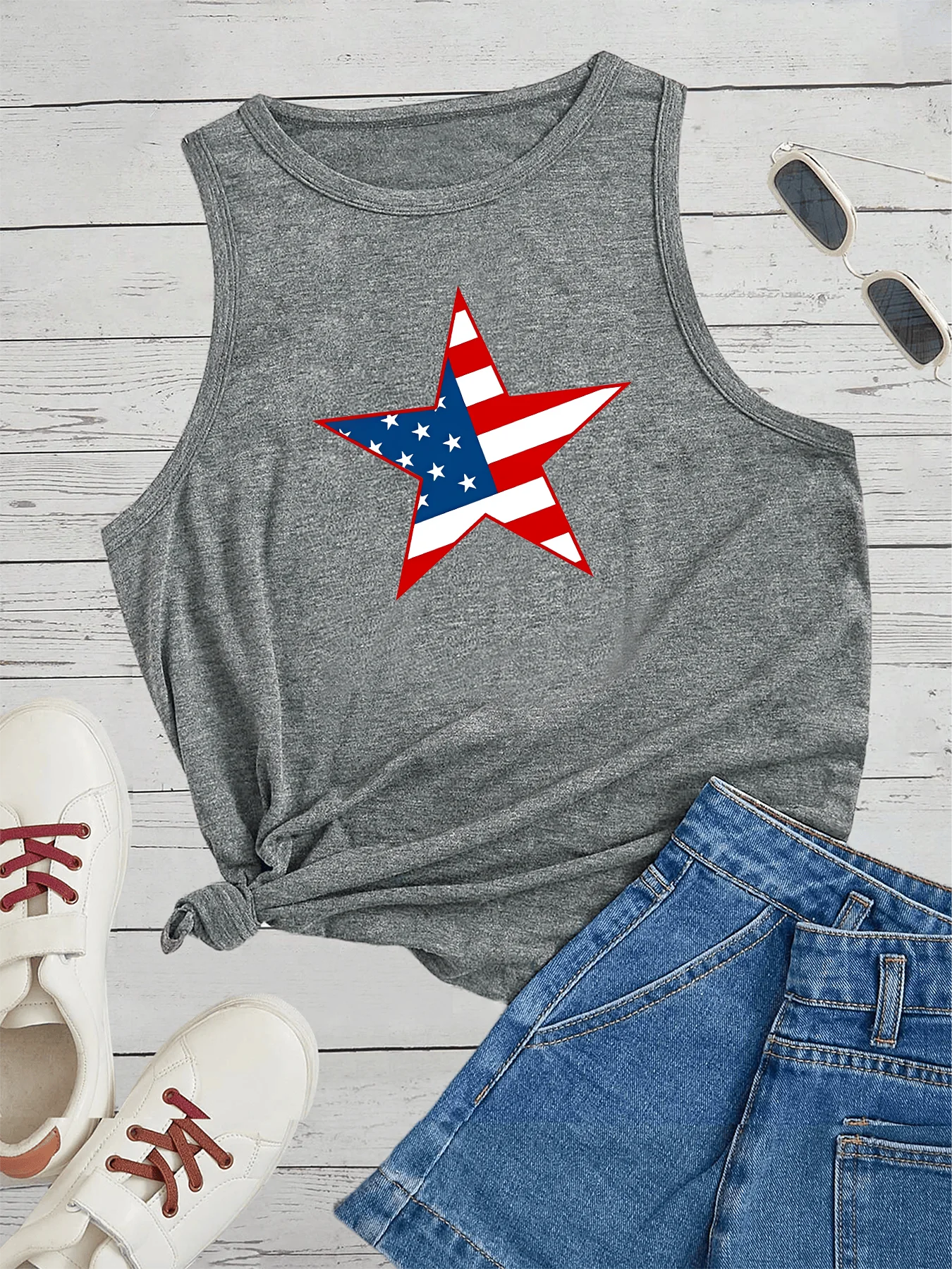 

Американский флаг, пятиконечный Звездный принт, США, модная забавная спортивная женская майка, свободная повседневная майка без рукавов с круглым вырезом