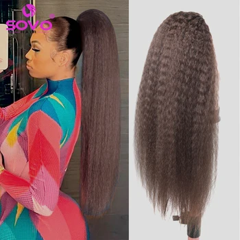 Chocolate Brown Kinky Straight Ponytail Human Hair Extensions for Women Drawstring Pony Tail Clip In On Yaki Straight Hairpieces