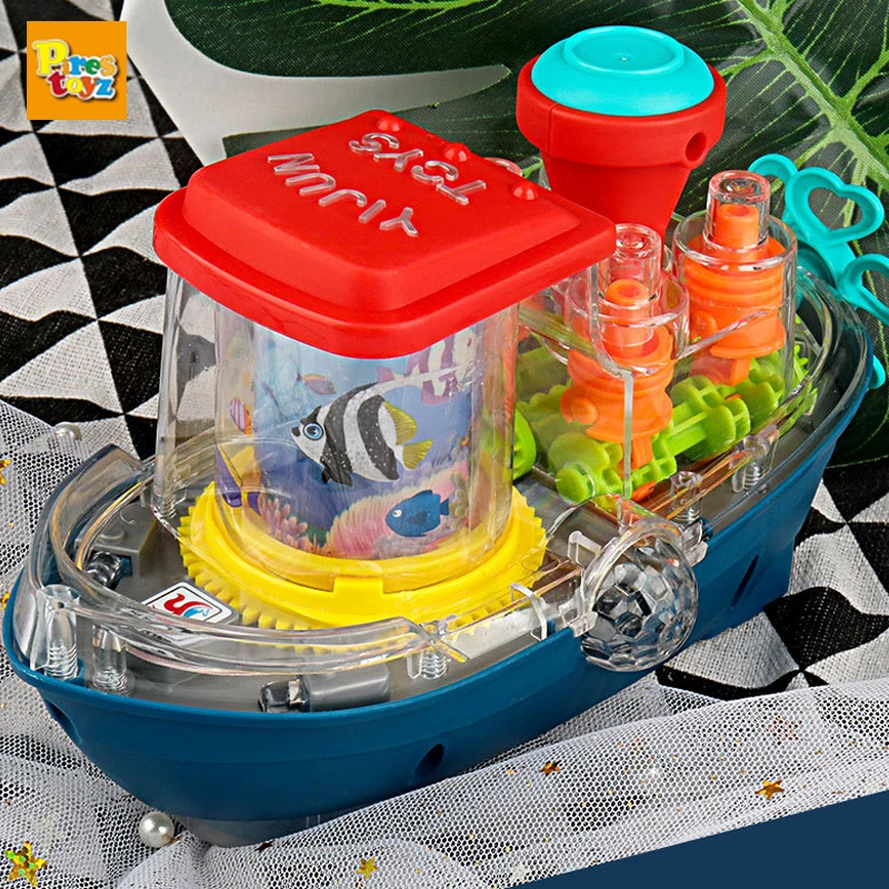 Underwater World Electric Rotating Cruise Ship Transparent Gear Boat with Universal Wheel Music Light Toys For Childrens Gifts kids shark stunt car toy electric universal 360 degree rotating drifting vehicle with light music toys for children boy s gifts