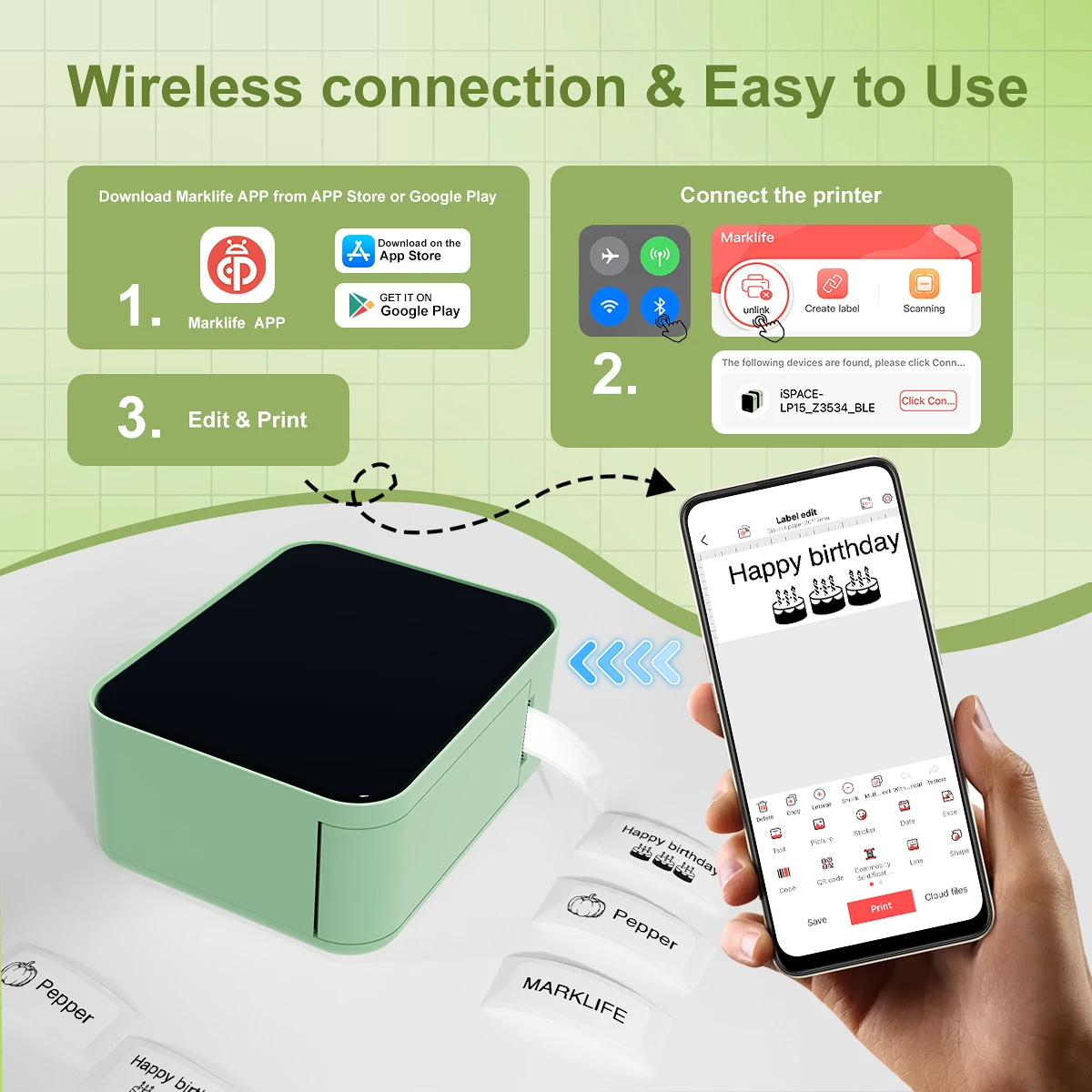 Marklife P15 미니 라벨 프린터 휴대용 열전사 자체 접착 용지 프린터 미니 라벨 메이커 잉크리스 스티커 이름표 라벨러