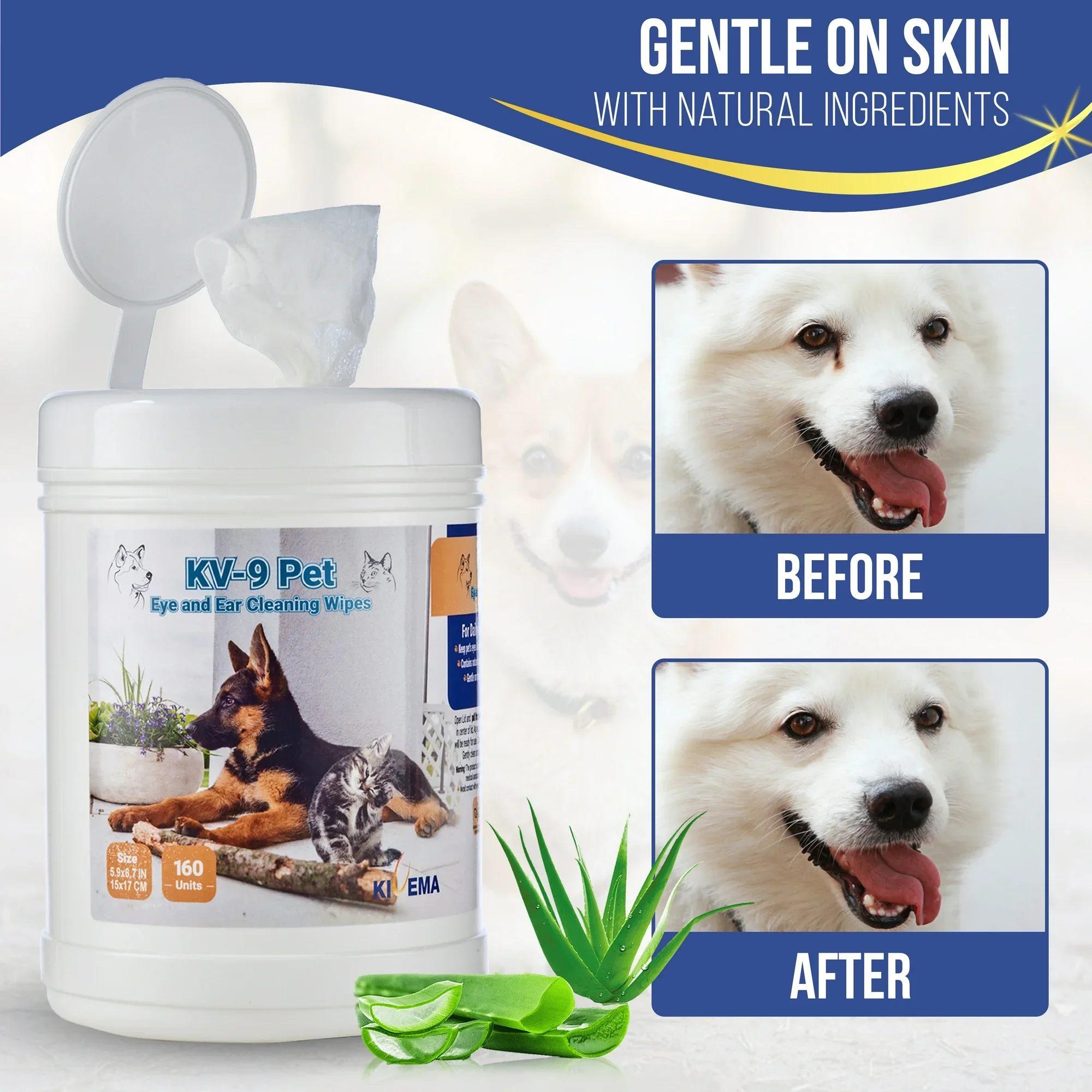 Kivema PETS Eye & Ear Wipes-160 Count-Natural Ingredients, Gentle on Skin for Cleaning Dog's Eyes and Ears
