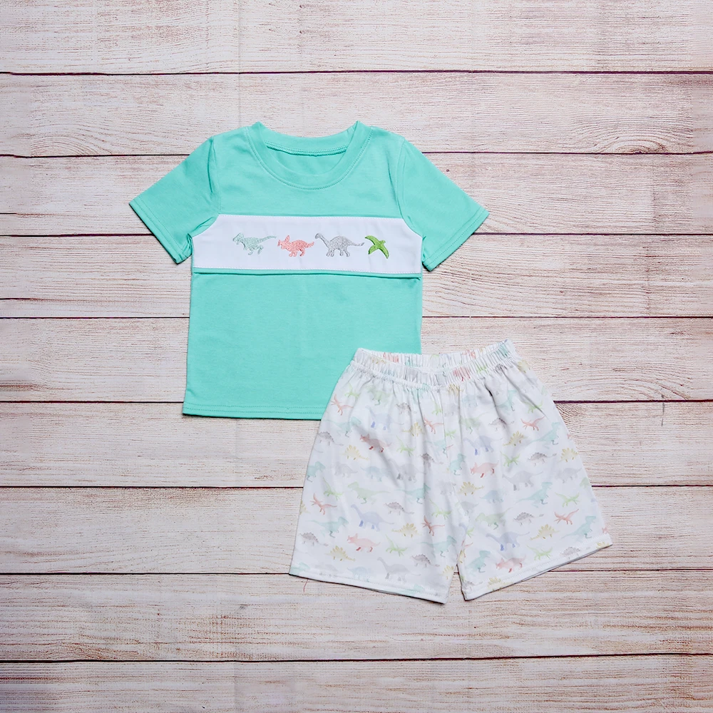 2023 Baby New Cotton Short Sleeved Blue T shirt Set Round Neck Dinosaur Embroidery Boy Top