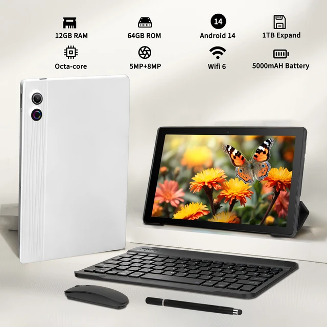 A10L Tablet 10 pollici Android 14 12GB RAM 64GB ROM 1TB Espandi WiFi6 Face Sblock Penna tastiera schermo HD IPS per PC Pad 2
