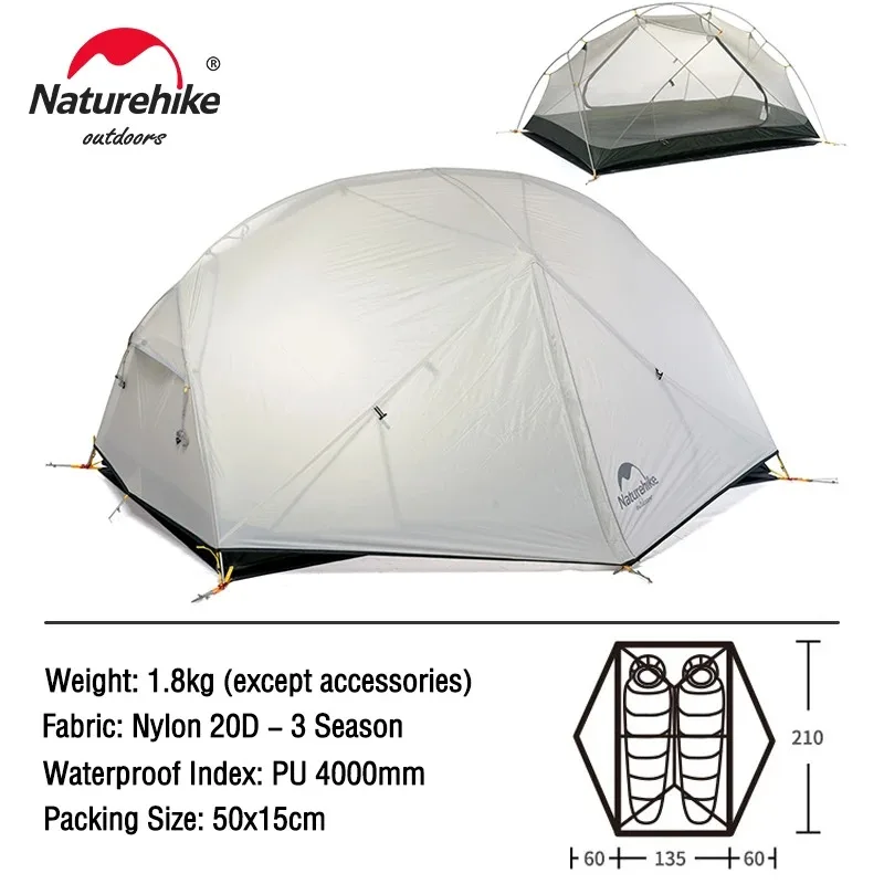 thumbnail image 1 of Tienda de campaña Naturehike Mongar 2 para 2 personas, ultraliviana, de 20 D, impermeable, para senderismo, supervivencia, acampada al aire libre, 1 of 5