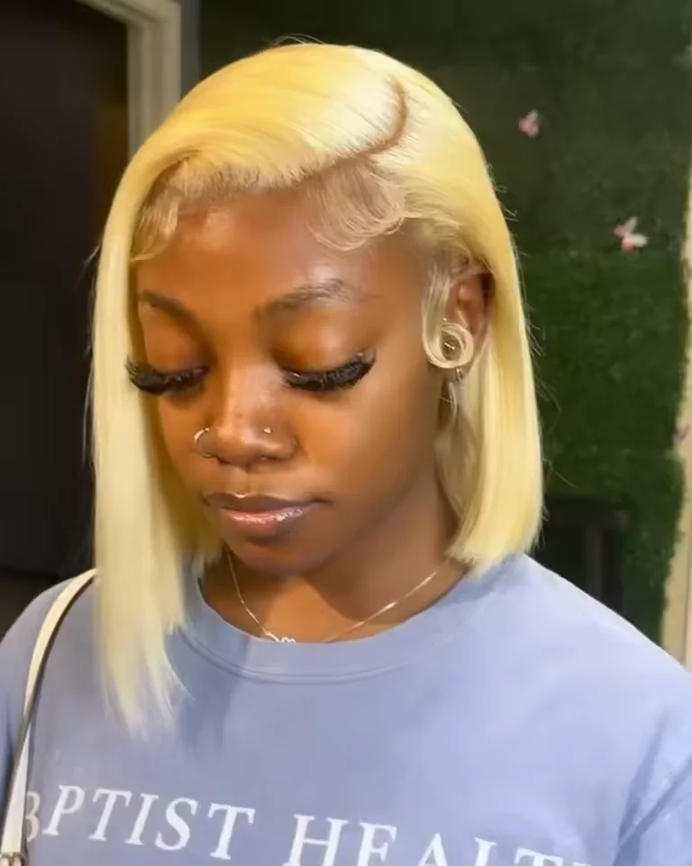 613 Blonde kurze Bob-Perücke, 250 % Dichte, transparente Spitzenfront, 100 % Echthaar-Perücken, gerade, 13 x 4 farbige Spitzenfront, vorgezupft – Detail 11