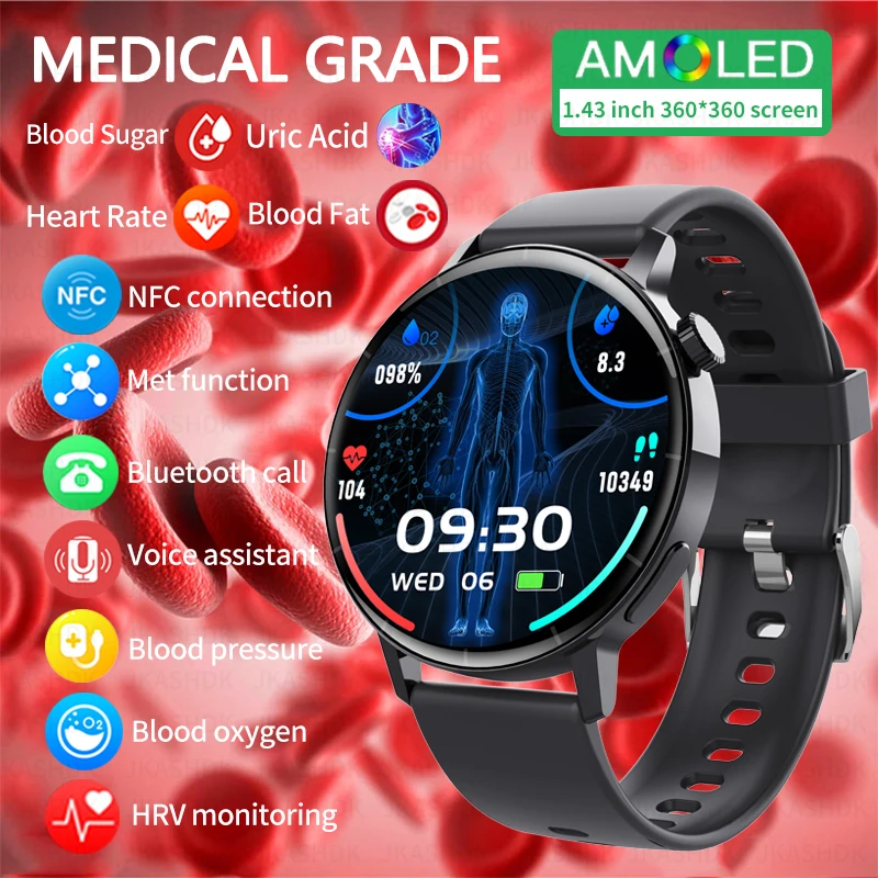 2023 New Uric Acid Breathing Training Blood Glucosio Smart Watch Men Nfc Bluetooth Call Clock Blood Lipid Blood Oxyge Smartwatch