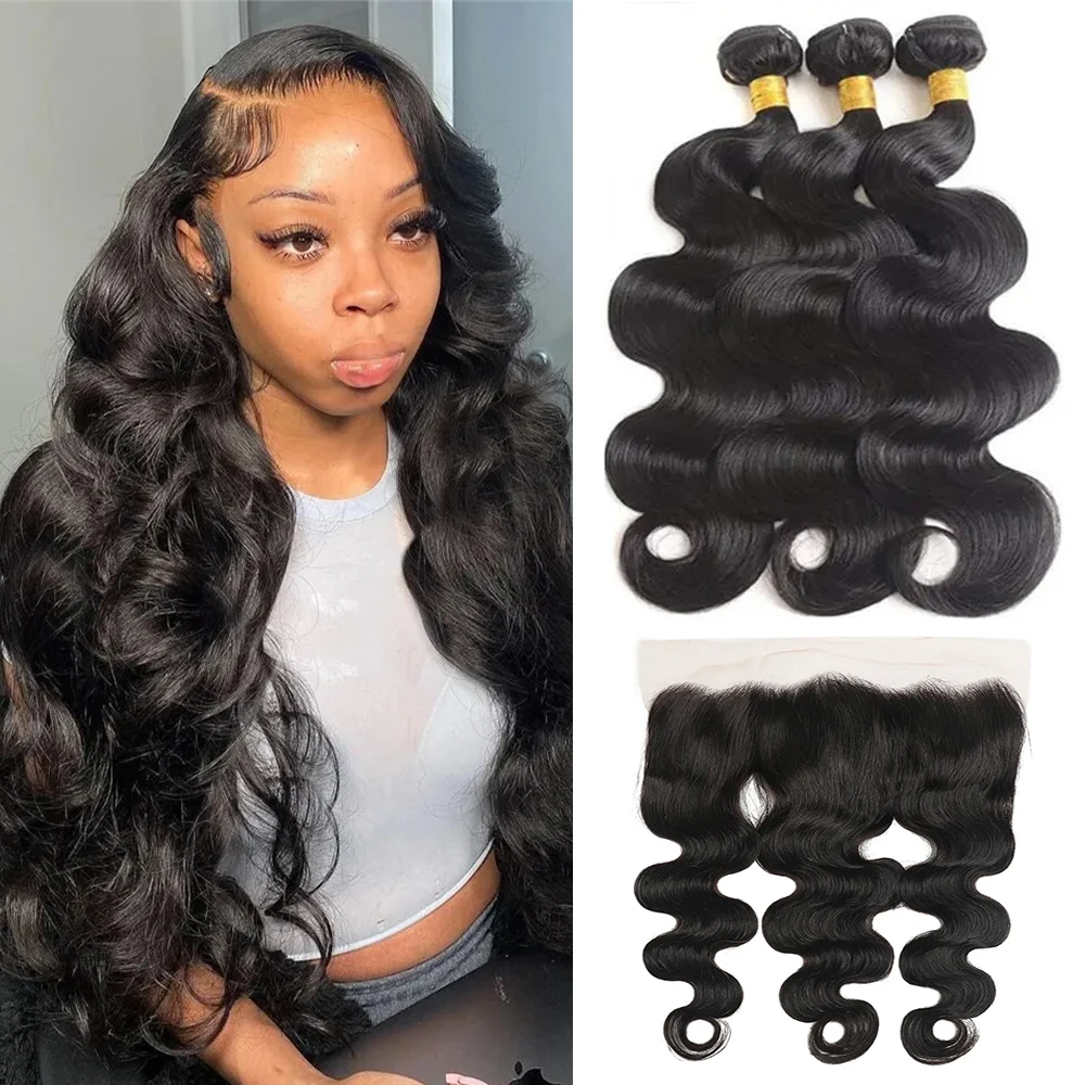 3/4 Remy Body Wave Human Hair Bundles With Frontal Brazilian Transparent Pre Plucked 13x4 Lace Frontal and Bundle 10A Grade Hair