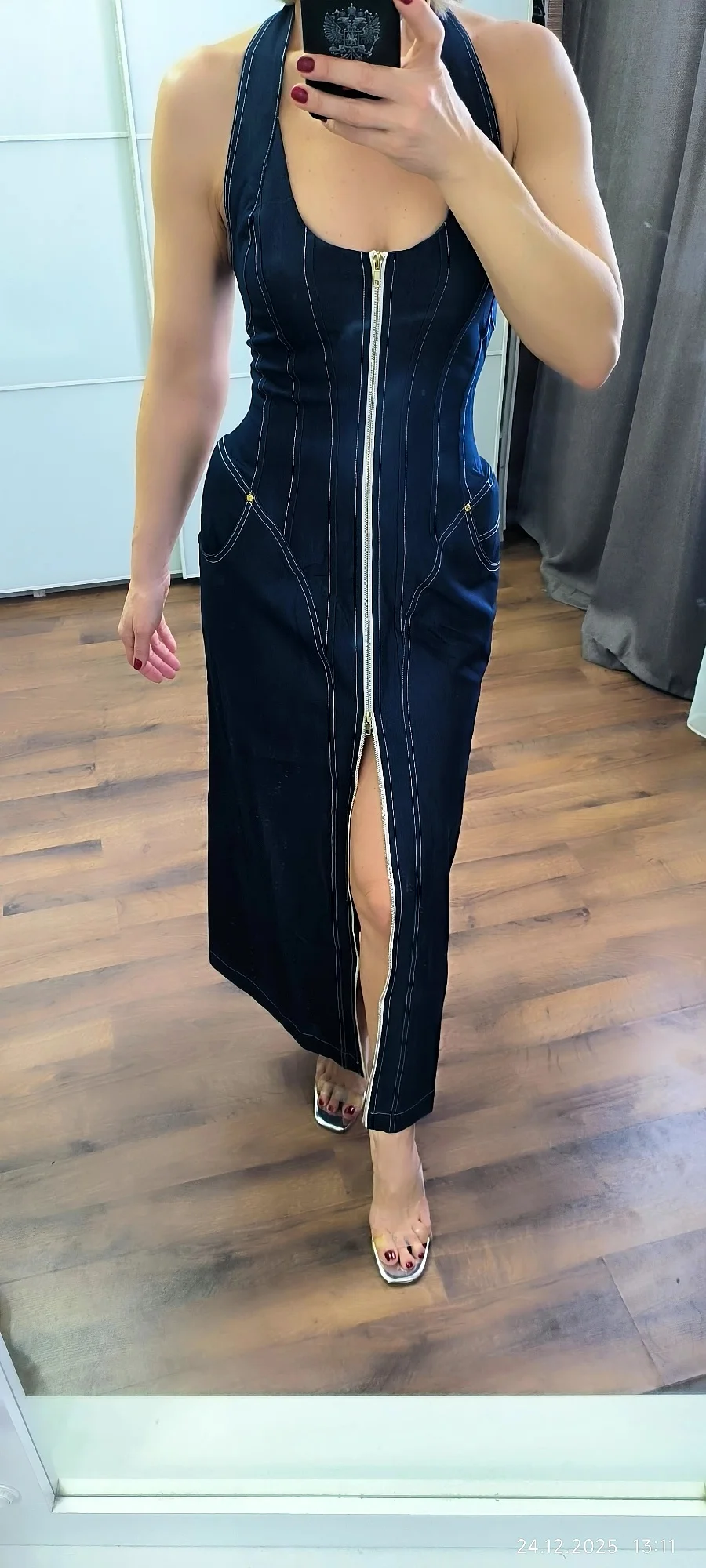 Edgy-Chic Denim Halter Zipper Sleeveless Backless Maxi Dress for Fashion Date Night Gown