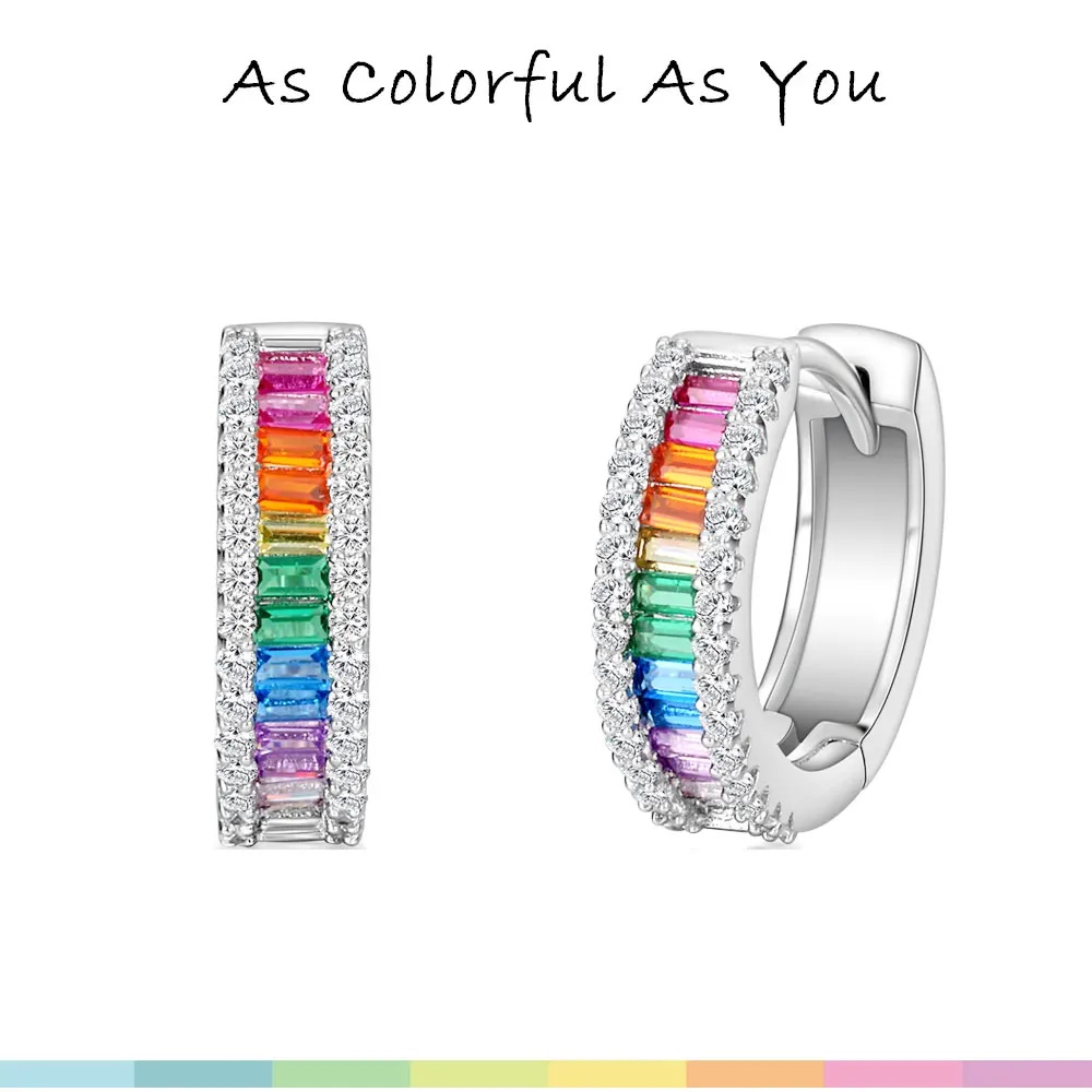 Piercing Earrings Men Sterling Silver Round Stud Earrings With Rainbow Crystal Gem - For Men & Women Pierced Ear Studs