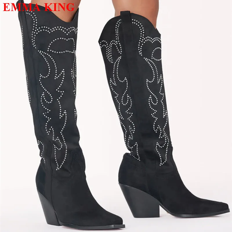 

Winter Women Crystal Suede Leather Western Boots Fashion Wedge High Heel Pointed Toe Knee High Boots Slip On Chelsea Boots Women