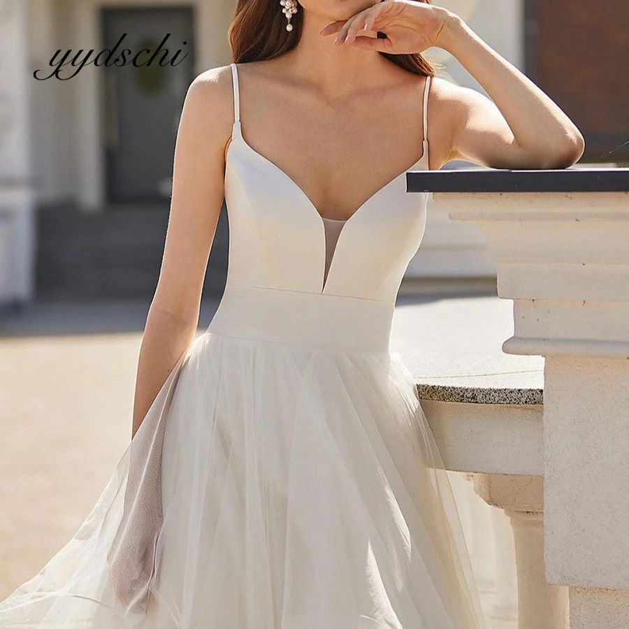 

Spaghetti Straps Wedding Dress for Women Sleeveless Appliques Simple A-Line V-Neck Satin Tulle Bridal Floor Length Dresses 2023