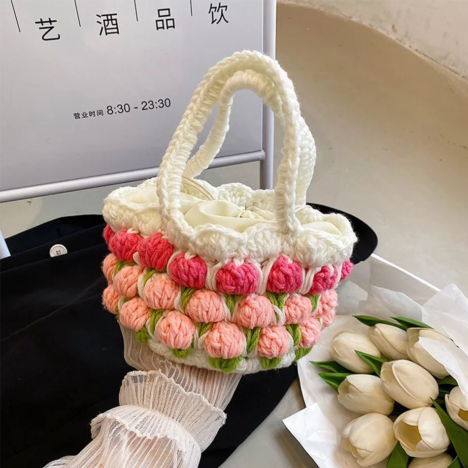 

Casual Knit Flower Women Shoulder Bags Handmade Woven Lady Handbag Cotton Tote Shopper Bag Daisy Women Travel Beach Bag Purses