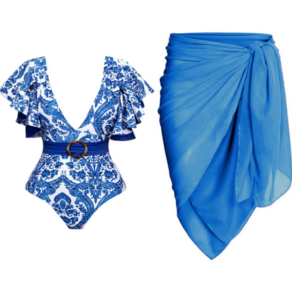 Deep V Ruffle Print Women One Piece Swimsuit with Skirt Swimwear Cover