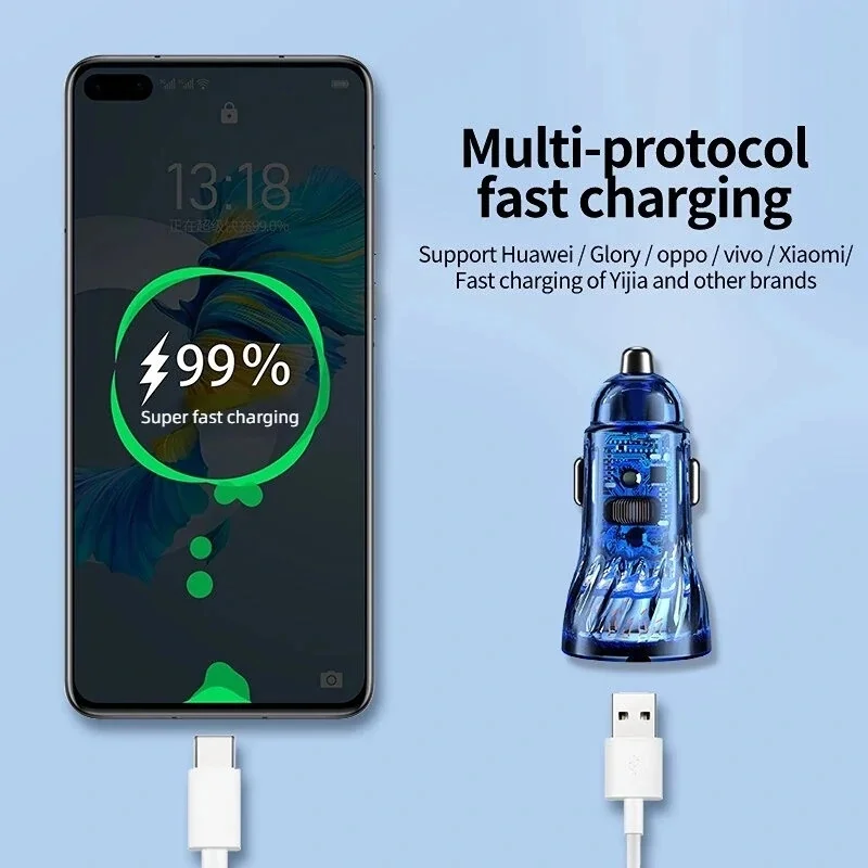 12V-24V Dual-USB Transparentes Autoladegerät 30W PD + QC4.0 Superschnelles Laden für Apple Huawei Xiaomi Oppo Vivo – Detail 5