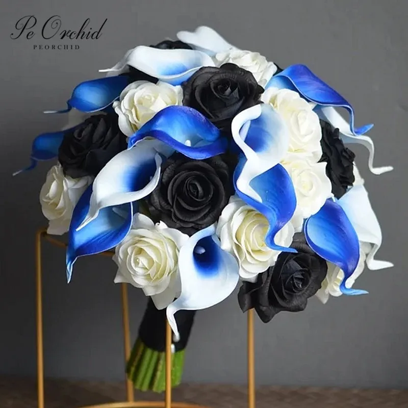

PEORCHID Elegant Royal Blue And Black Wedding Bouquet Artificial Calla Lily Roses Bridesmaids Flower Bouquets Gothic Bouquet