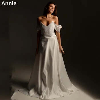 Annie Lace Embroidery Prom Dresses Gorgeous White Evening Dresses Off-the-shoulder Elegant Satin Robes De Soirée Customized 1