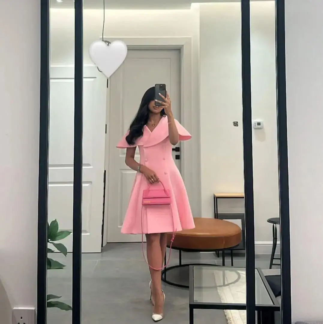 

Other Shore Pink Summer Short Evening Dresses Knee-Length V Neck Elegant Fashion Party Dress 2023 Saudi Arabic فساتين السهرة