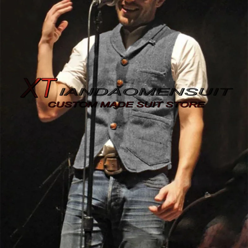 

Men's Suit Vest Herringbone Sleeveless Jacket Vintage Slim Fit Lapel Vest Male Waistcoat Black/Brown/Grey