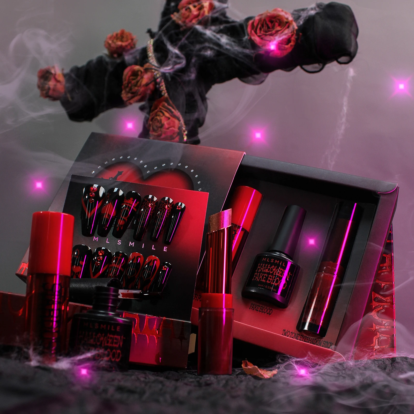 Halloween Makeup Set Blood Lipstick, Pink Eyeshadow Combo with Nail Art & Tools Complete Halloween Cosmetics Kit