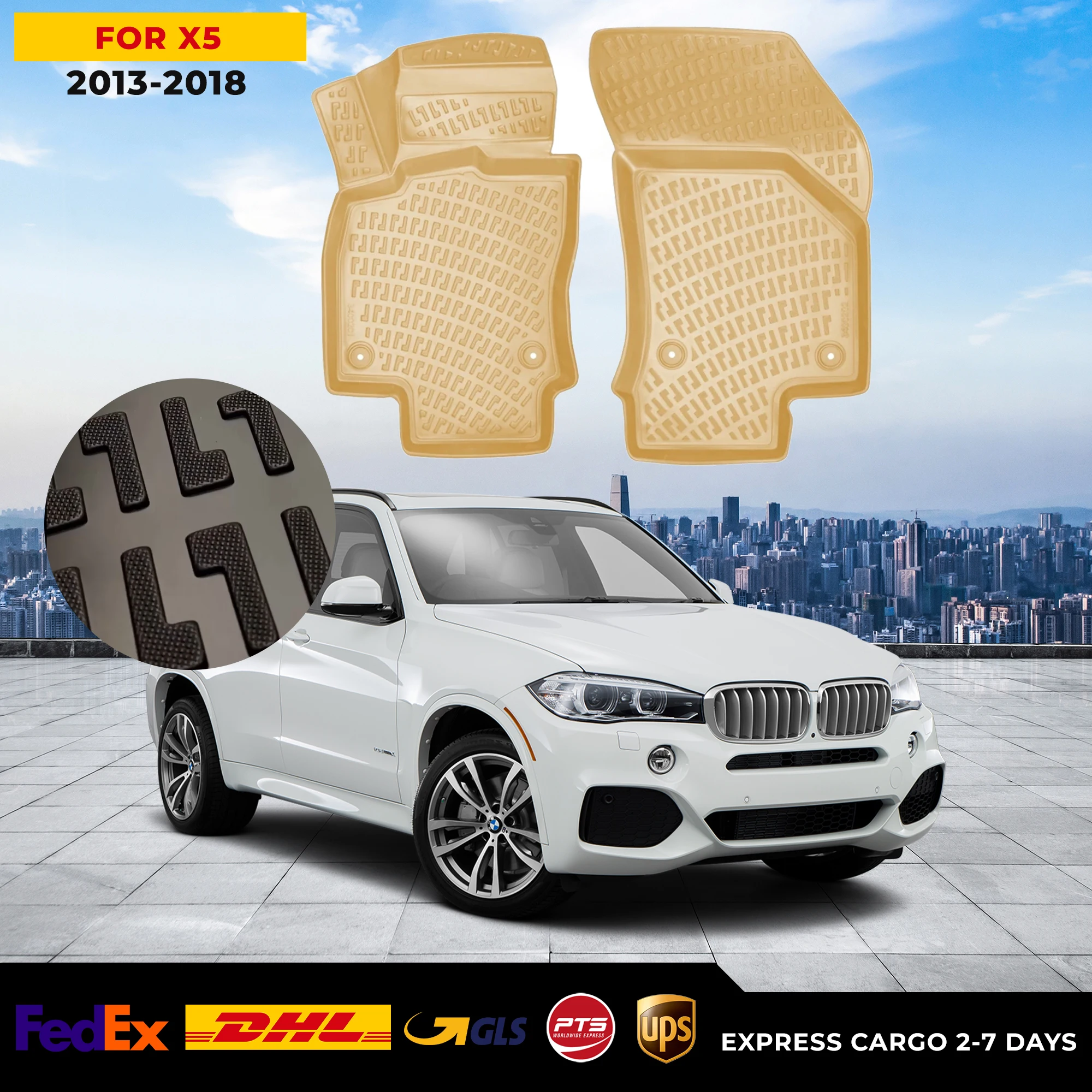 

3D Car Floor Liner For BMW X5 2013-2018 Beige Waterproof Special Foot Pad Fully Surrounded Mat Accessories Rugs Nonslip