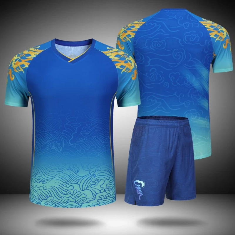 Championship Blue Table Tennis Shirt Shorts China Dragon Badminton Clothes Set Men Women Child Golf Pingpong Family Jersey