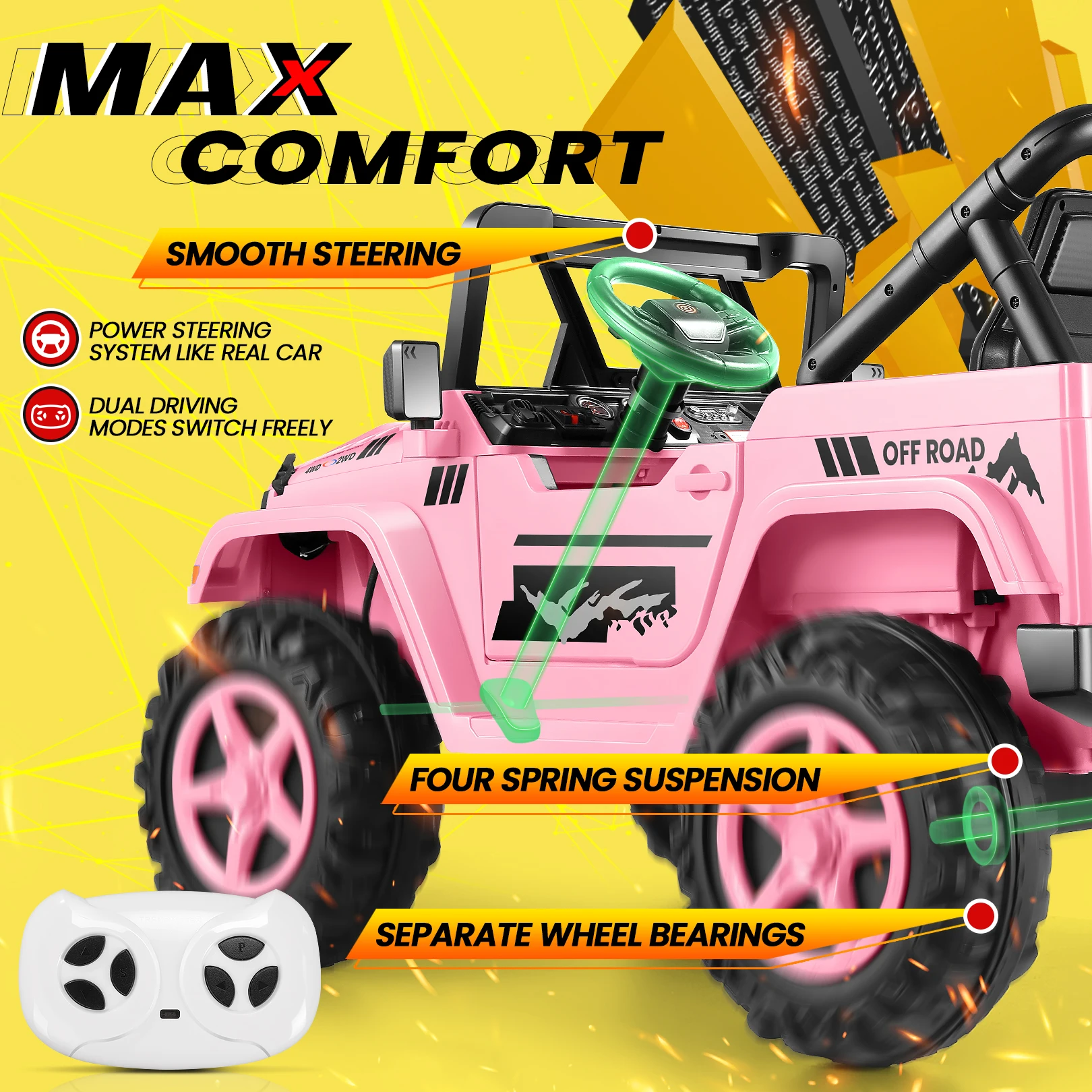24V Ride on Toys 2 Seater Ride on Cars, 4x4 Electric Car for Kids, Battery Powered Truck Car W/ 4x200W, Music, LED Light